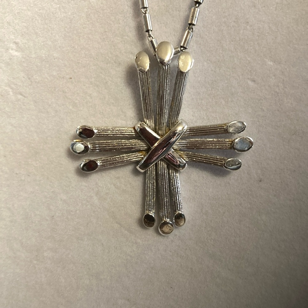 Vintage trifa crown silver tone necklace . Long chain , pre owned .